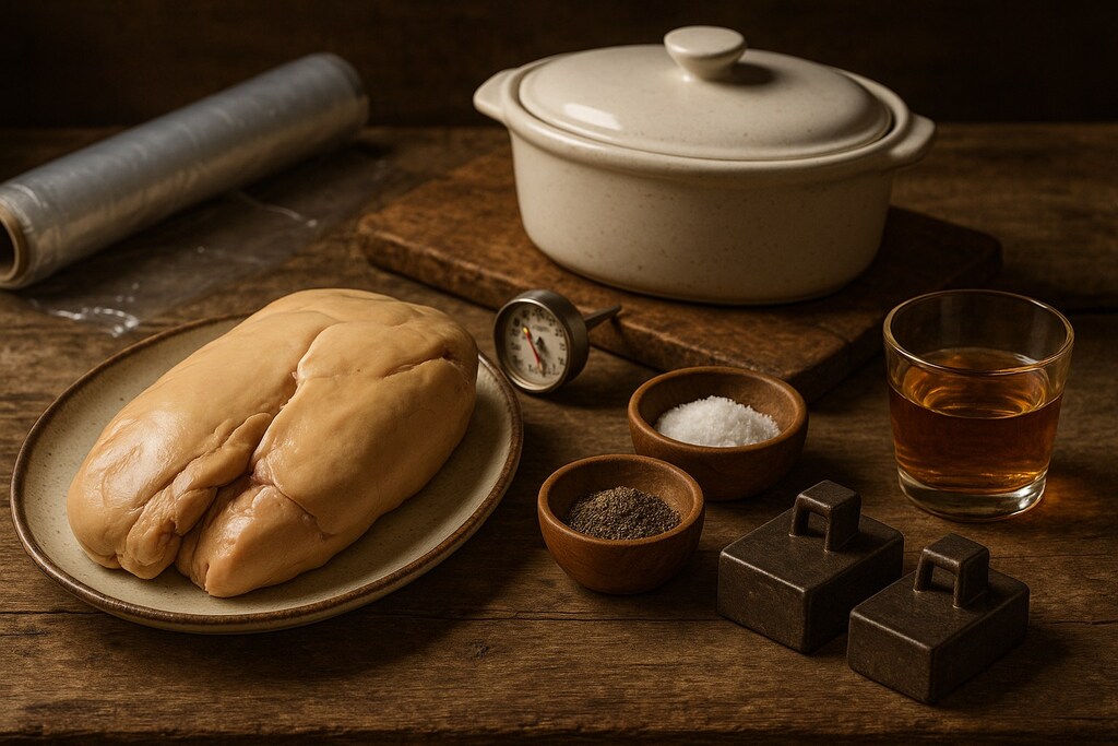 Ingrédients et ustensiles pour une terrine de foie gras maison : foie gras cru, sel, poivre, calvados, terrine et thermomètre, disposés sur une table en bois rustique.