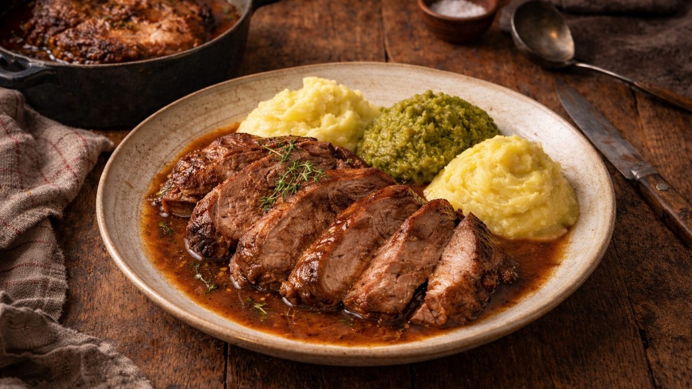 Rouelle de porc fondante nappée de jus, servie avec un trio de purées maison : céleri-rave, pois cassés et pommes de terre, sur une table rustique.