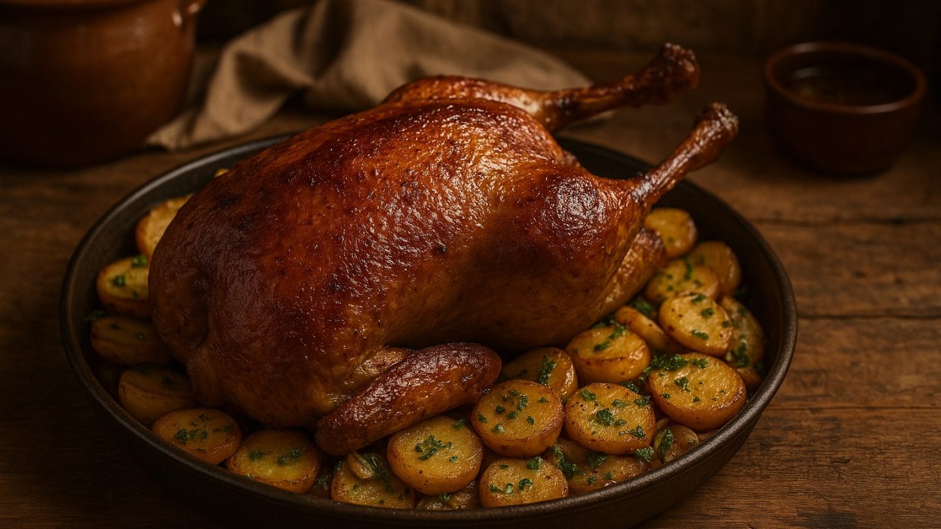 Canard rôti à l’ancienne avec peau croustillante, servi sur pommes sarladaises dorées au persil.