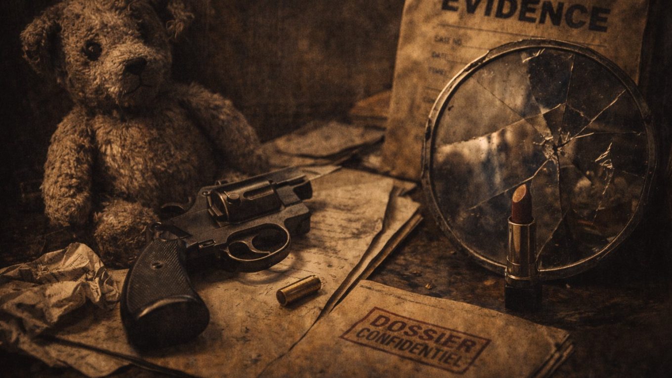 Nature morte film noir : ours en peluche usé, pistolet et douille sur des dossiers, miroir brisé et rouge à lèvres, ambiance d’enquête.