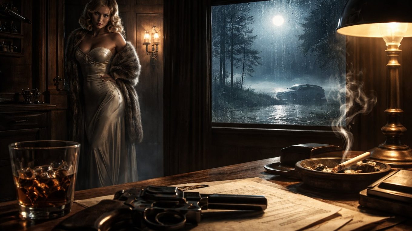 Detective en imperméable assis dans un bureau sombre, fumant une cigarette et tenant un verre de whisky, ambiance film noir années 40.