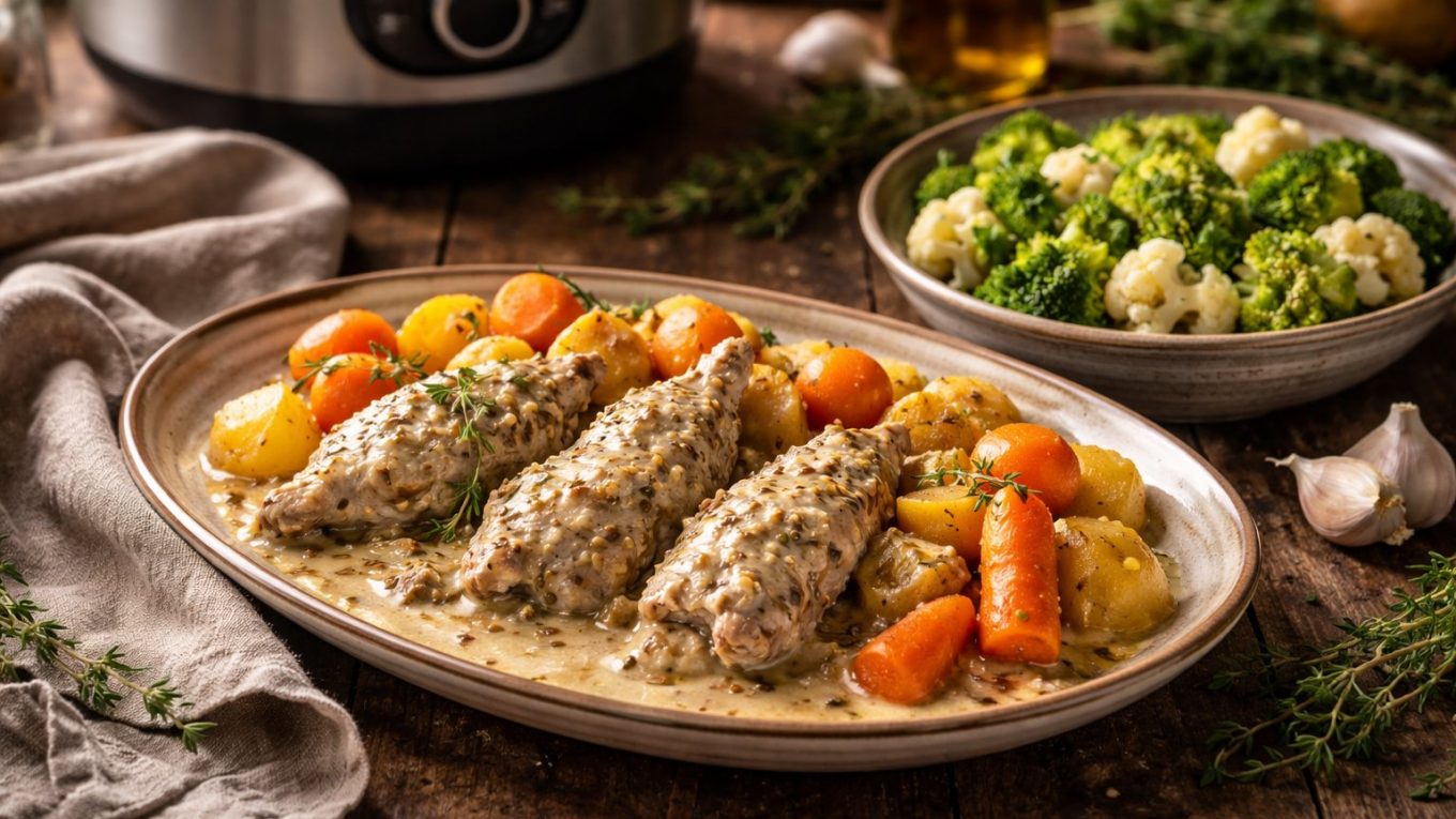 Râbles de lapin à la moutarde et à la crème, avec carottes et pommes de terre, trio fleurette servi à part.