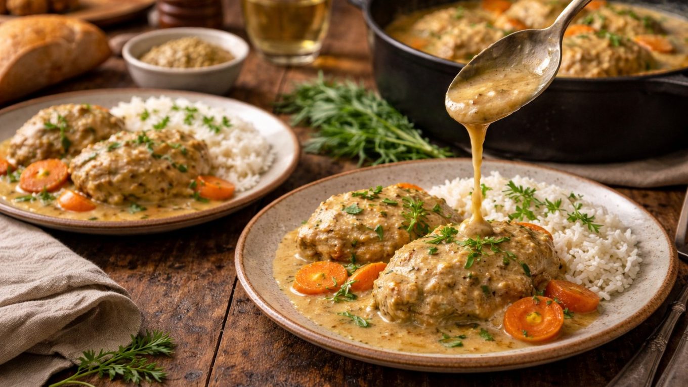 Service à table : osso bucco de dinde sauce moutarde-estragon, servi avec du riz, cuillère en train de napper la sauce.