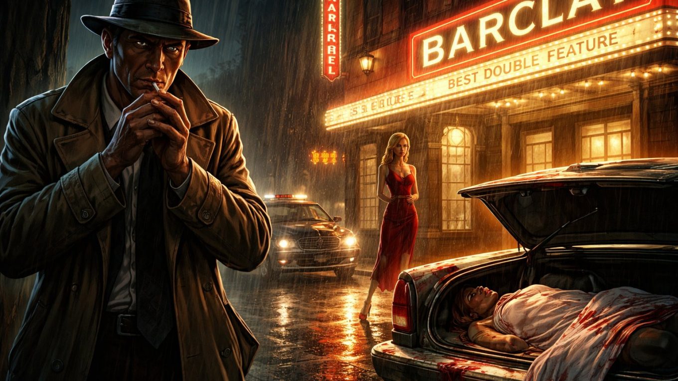 Détective en trench fumant sous la pluie devant le cinéma Barclay, femme en robe rouge et coffre de voiture ouvert avec un corps.