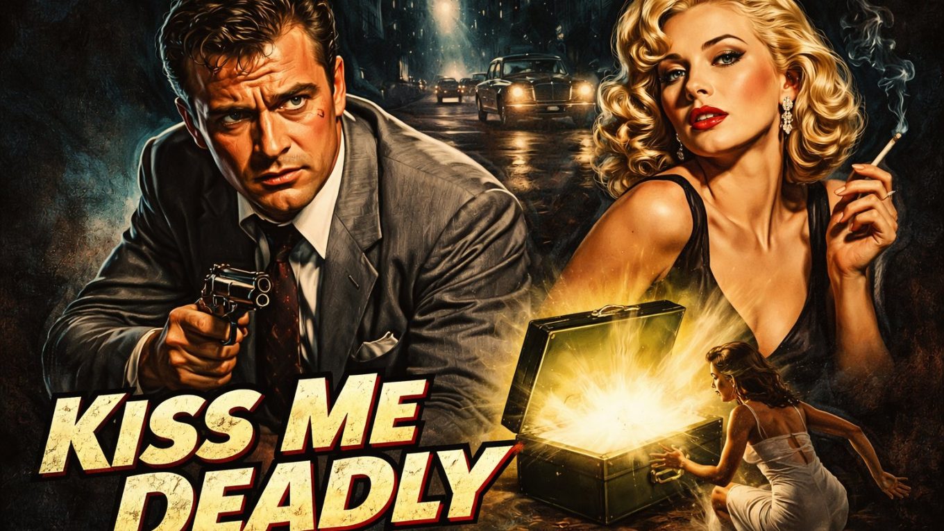 Illustration style affiche pulp : détective en costume pointant un pistolet, femme fatale blonde fumant une cigarette, valise ouverte émettant une forte lumière dans une rue nocturne et pluvieuse.