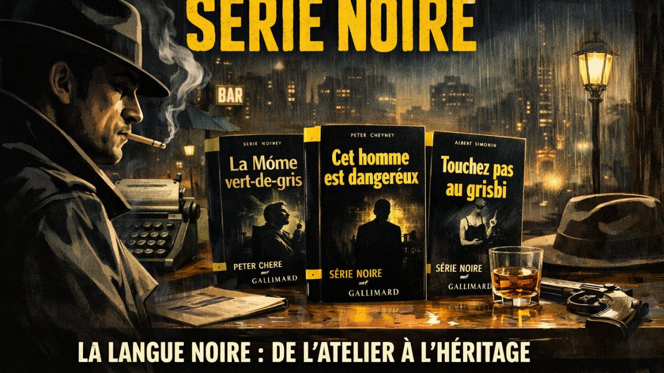 Visuel noir et nostalgique avec plusieurs livres de la Série Noire (Gallimard) sur un bureau, ambiance pluie et jazz, avec du texte “Série Noire” sur l’image