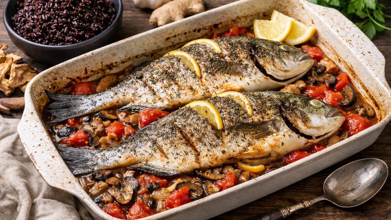 Deux daurades rôties au four sur fricassée de tomates et champignons, citron et aneth, avec riz noir en accompagnement.