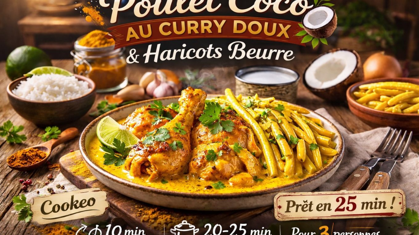 Poulet coco au curry doux servi avec haricots beurre jaunes, sauce crémeuse au lait de coco, présenté sur une table rustique en bois, ambiance chaleureuse.