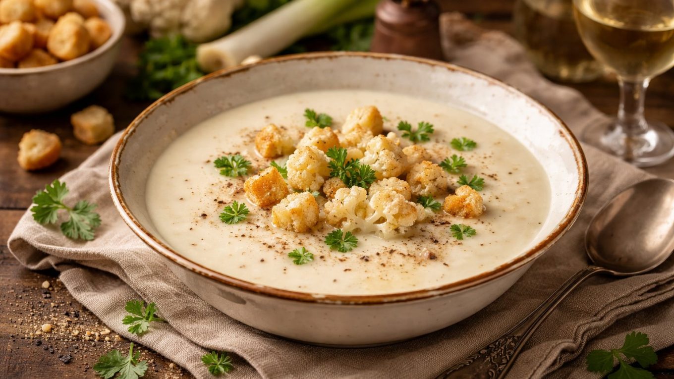Bol de crème Dubarry (velouté de chou-fleur) avec bouquets de chou-fleur rôtis, croûtons et persil, sur table en bois rustique.