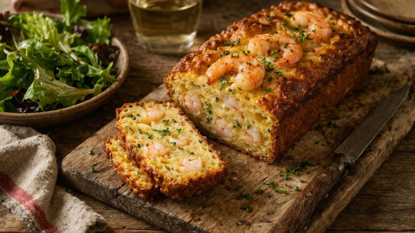 Cake aux gambas maison présenté sur une planche en bois, avec salade verte, dans une ambiance rustique et familiale