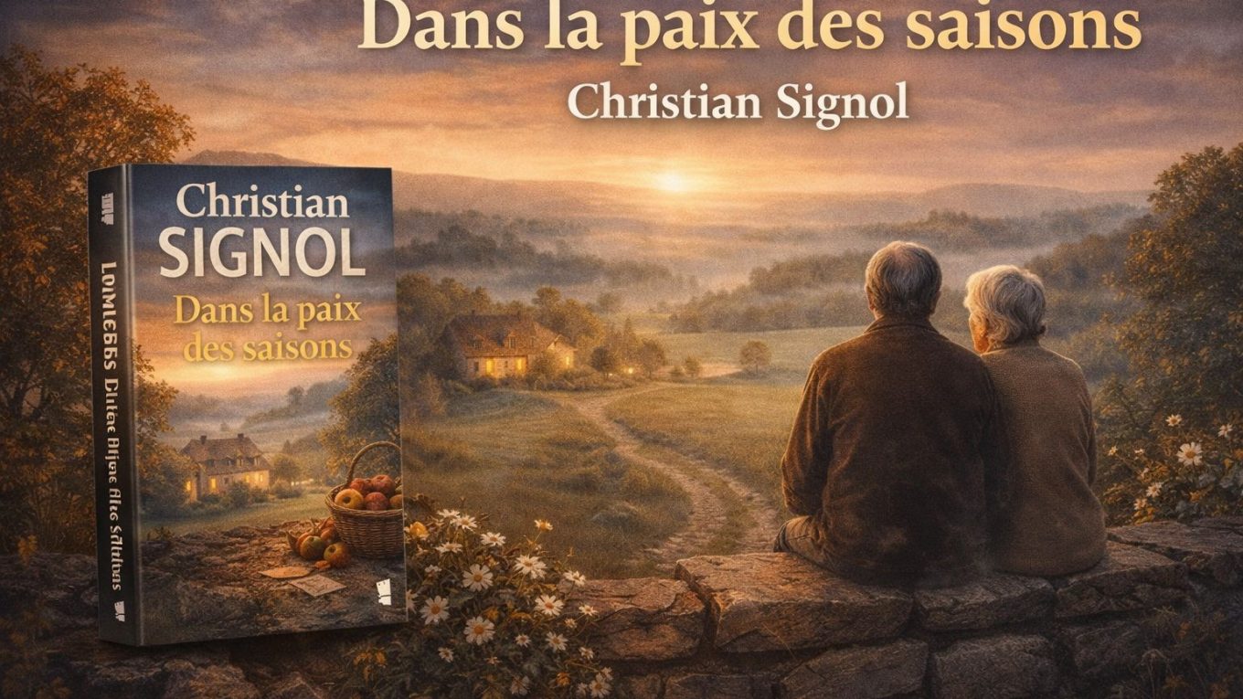 Visuel illustré du roman Dans la paix des saisons de Christian Signol, avec un couple âgé assis face à une campagne paisible au coucher du soleil.