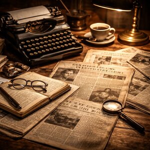 Visuel de la catégorie La Presse, avec journaux anciens, machine à écrire et ambiance d’archives
