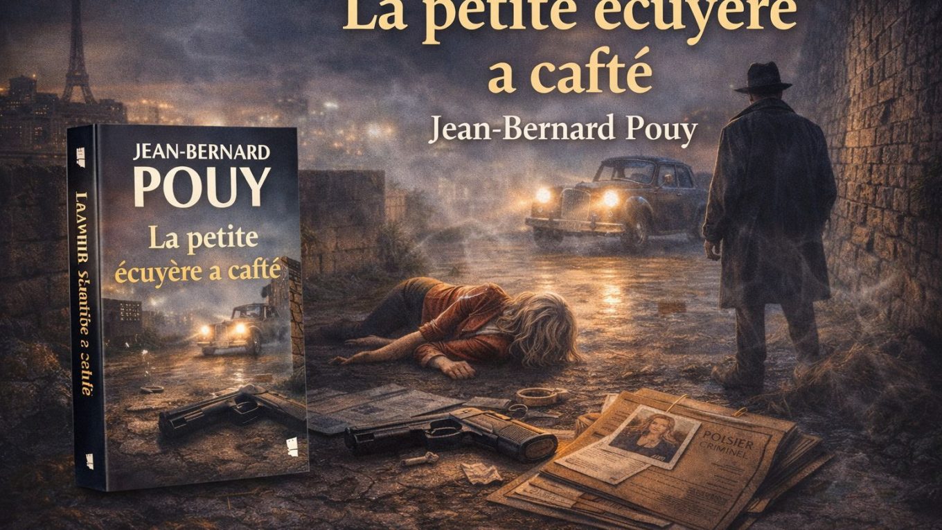 Visuel illustré du roman La petite écuyère a cafté de Jean-Bernard Pouy, avec une scène nocturne de polar, une silhouette en imperméable, une voiture ancienne et une femme étendue sur le sol.