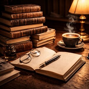 Visuel de la catégorie Livres, avec livres anciens, carnet et ambiance littéraire chaleureuse