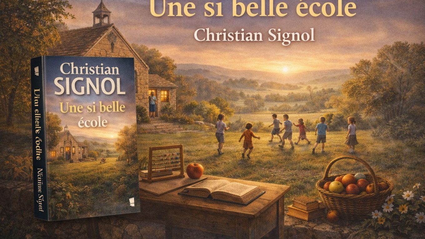 Visuel illustré du roman Une si belle école de Christian Signol, avec une école rurale, des enfants dans la cour et un paysage de campagne au soleil couchant.