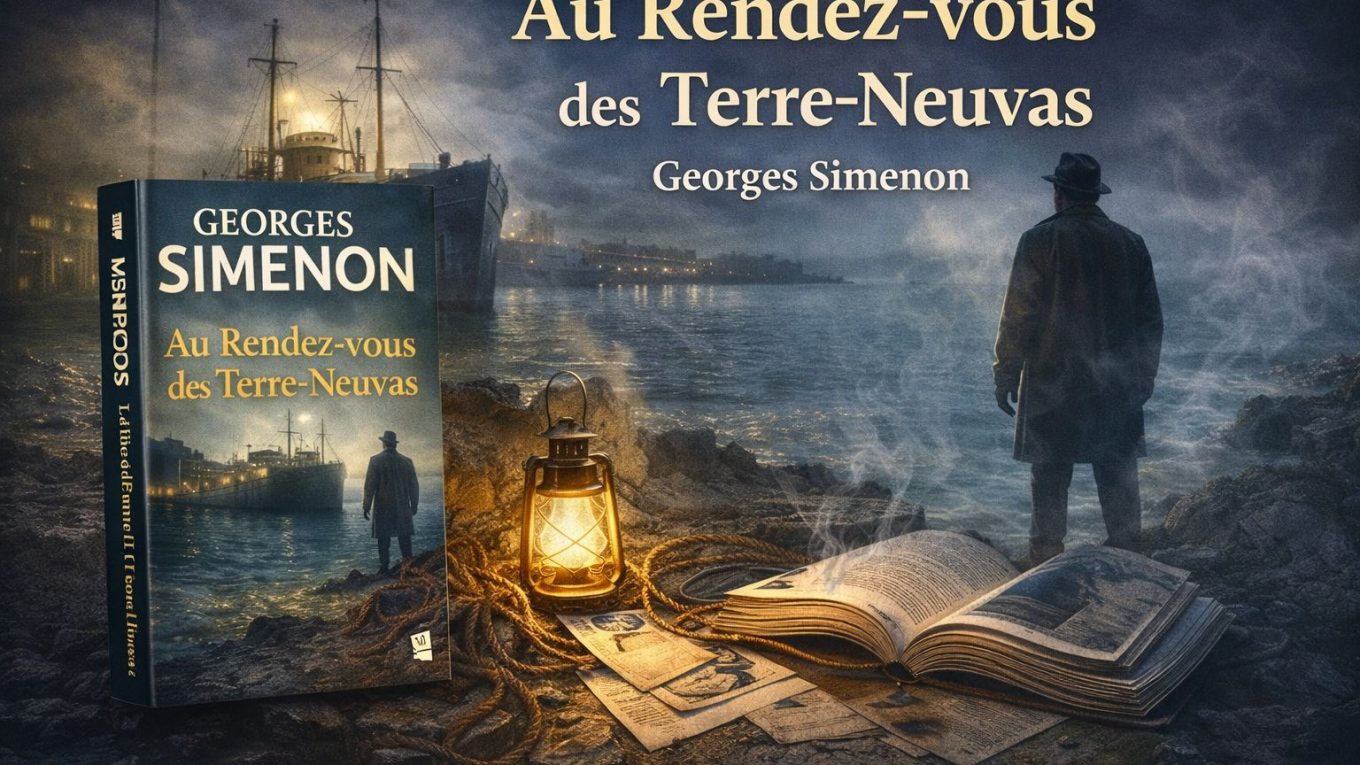 Visuel illustré du roman Au Rendez-vous des Terre-Neuvas de Georges Simenon, avec un quai brumeux, un navire de pêche et une silhouette solitaire dans une ambiance maritime sombre.