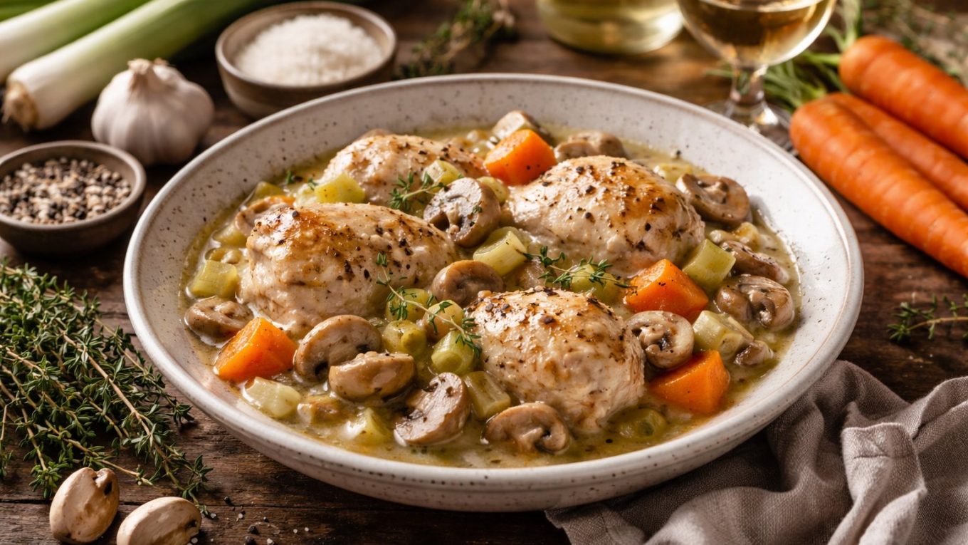 Assiette rustique de coq au vin blanc avec poireaux, carottes et champignons, entourée des ingrédients sur table en bois