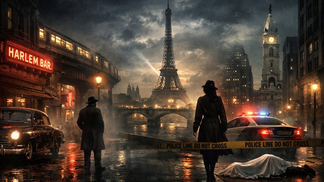 Montage visuel inspiré du roman noir, mêlant Harlem, Paris et Philadelphie dans une scène nocturne sous la pluie, avec silhouettes, voiture ancienne, ruban de police et atmosphère de crime urbain.