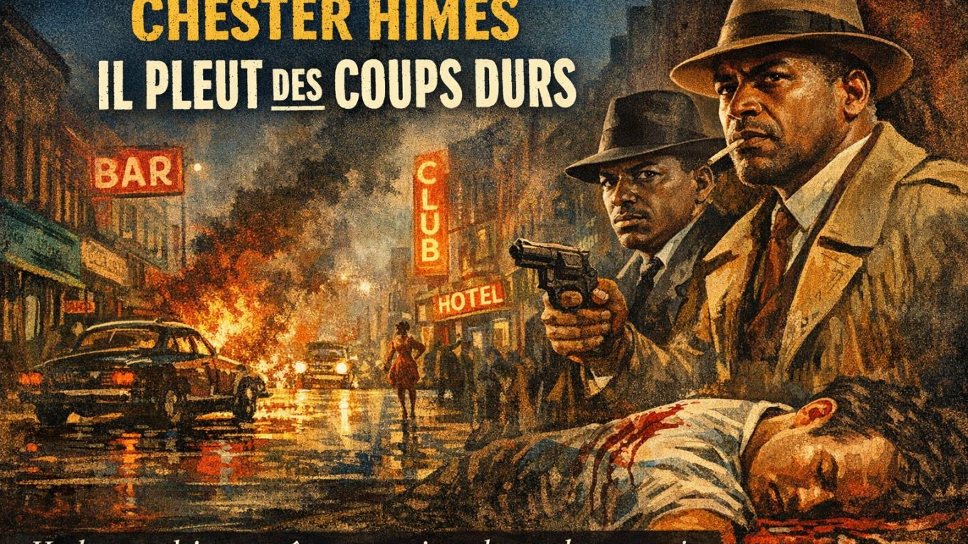 Illustration de roman noir inspirée de Il pleut des coups durs de Chester Himes, montrant une rue de Harlem en pleine nuit, deux policiers armés et une scène de crime dans une ambiance tendue.