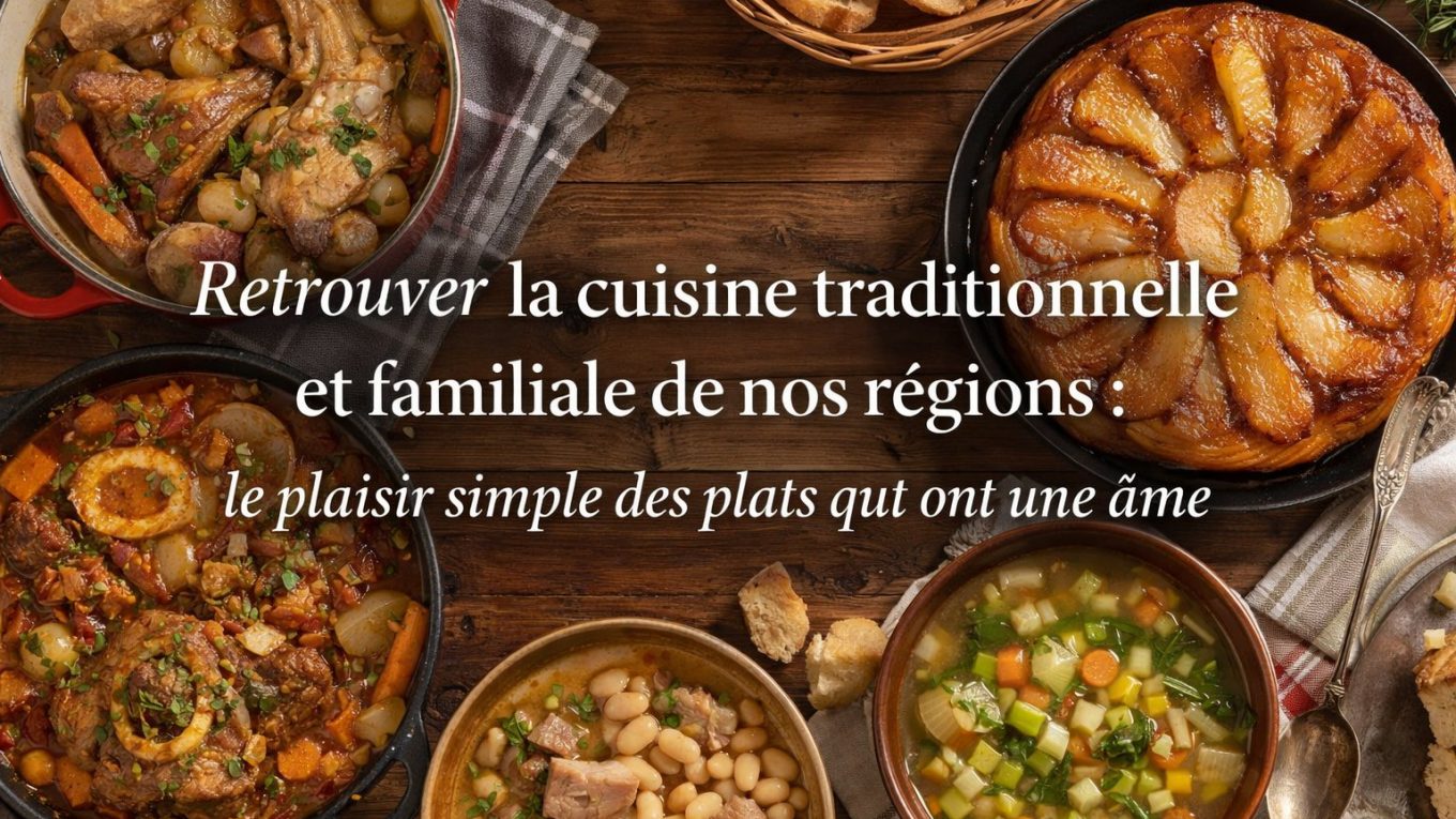 Table rustique avec plusieurs plats de cuisine traditionnelle française : potée, soupe de légumes, osso-bucco, tarte Tatin et pain