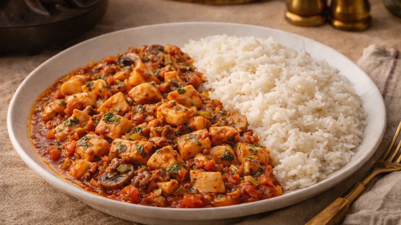 Encornets en morceaux à la tomate avec champignons et riz parfumé