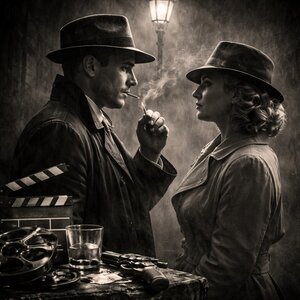 Visuel de la catégorie Films, inspiré du cinéma noir classique avec couple en imperméable sous un réverbère