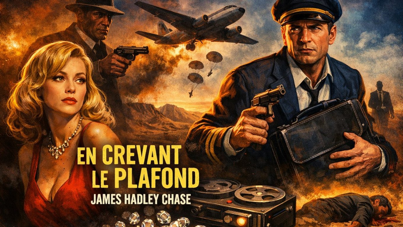 Illustration pulp du roman « En crevant le plafond » : un pilote armé avec une mallette, une femme blonde inquiète, un homme au chapeau pointant un revolver, un avion au-dessus du désert et des diamants.