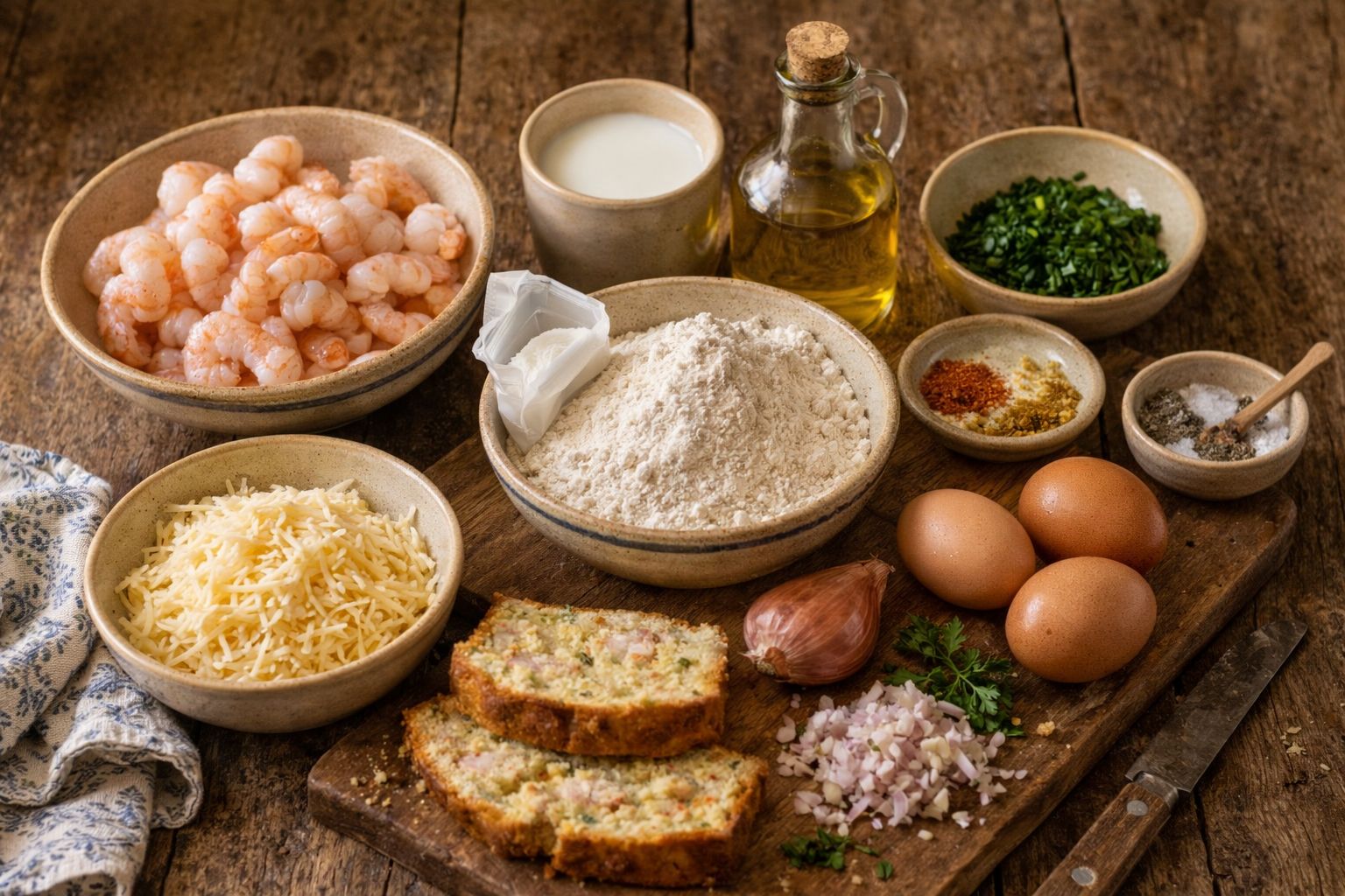 Cake aux gambas tranché sur une table rustique