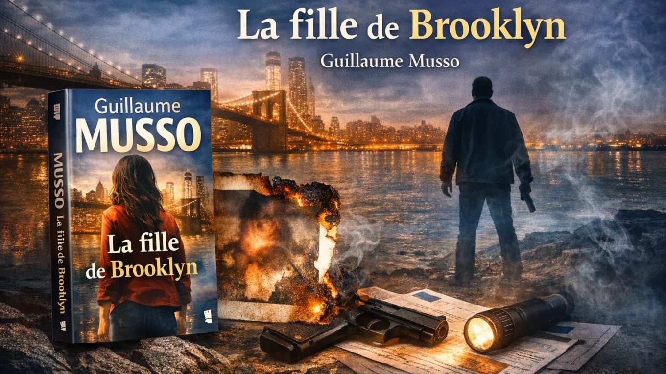 Visuel horizontal illustrant La fille de Brooklyn de Guillaume Musso, avec ambiance nocturne, silhouette masculine, rive urbaine et atmosphère de thriller.