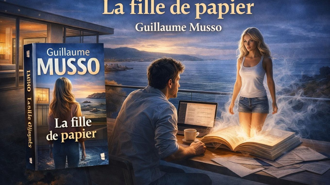 Visuel illustré du roman La Fille de papier de Guillaume Musso, avec un écrivain face à une jeune femme surgissant d’un livre dans une maison en bord de mer.