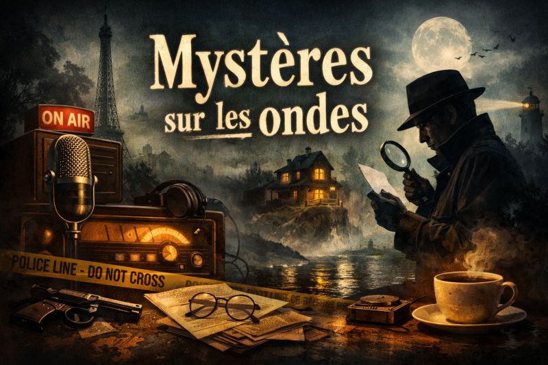 Illustration vintage et sombre pour la catégorie Mystères sur les ondes, avec micro ancien, poste radio, détective en chapeau et ambiance de mystère radiophonique.