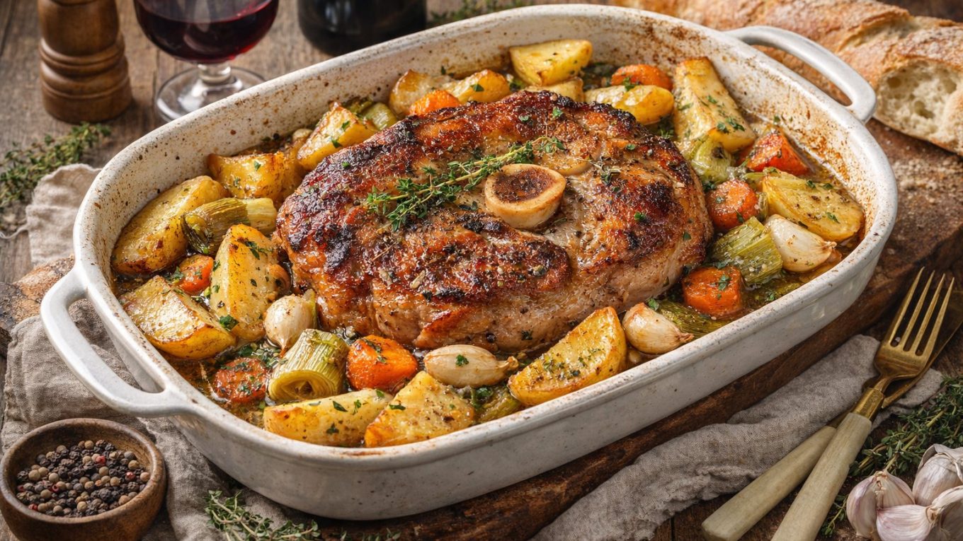 Rouelle de porc au four avec carottes, poireaux et pommes de terre