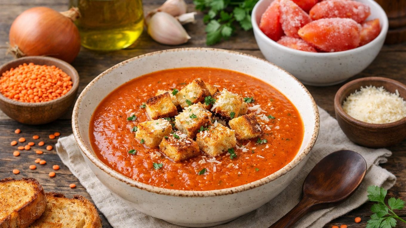Bol de soupe de tomates aux lentilles corail avec croûtons et parmesan, entouré des ingrédients sur une table rustique