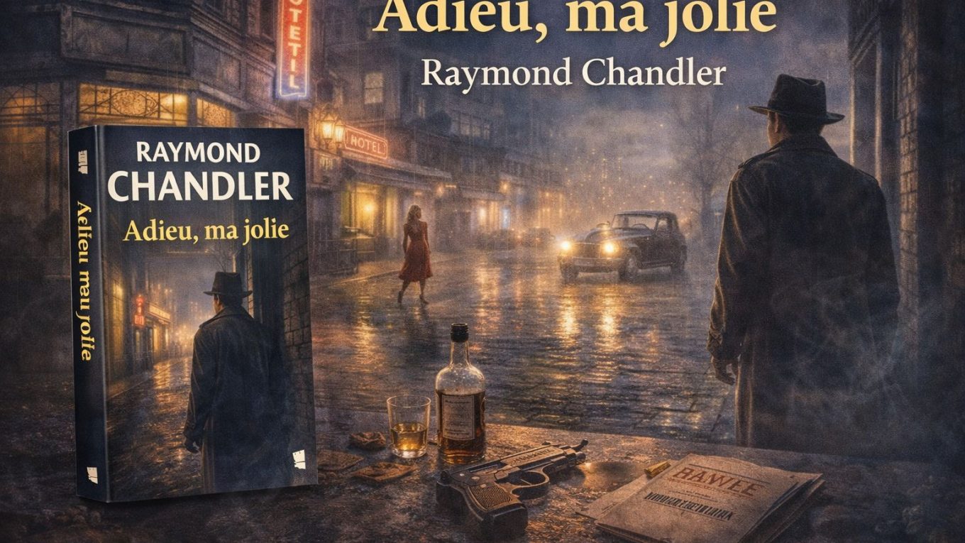 Visuel illustré du roman Adieu, ma jolie de Raymond Chandler, avec un détective en imperméable dans une rue nocturne sous la pluie, une femme au loin et des objets de polar au premier plan.