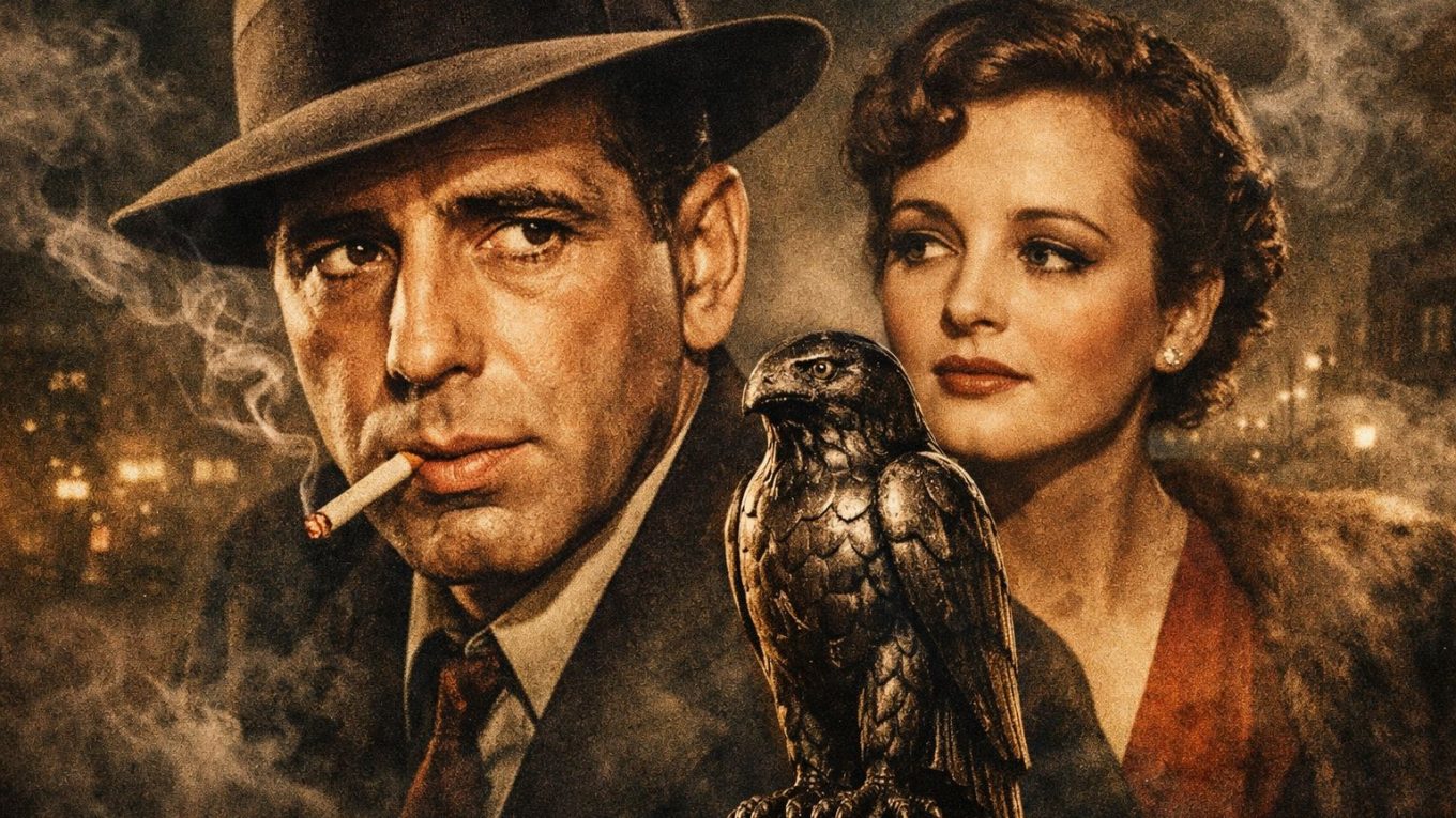 Illustration horizontale inspirée de Le Faucon maltais de John Huston, avec un détective, une femme énigmatique et la statuette du faucon dans une atmosphère de film noir.