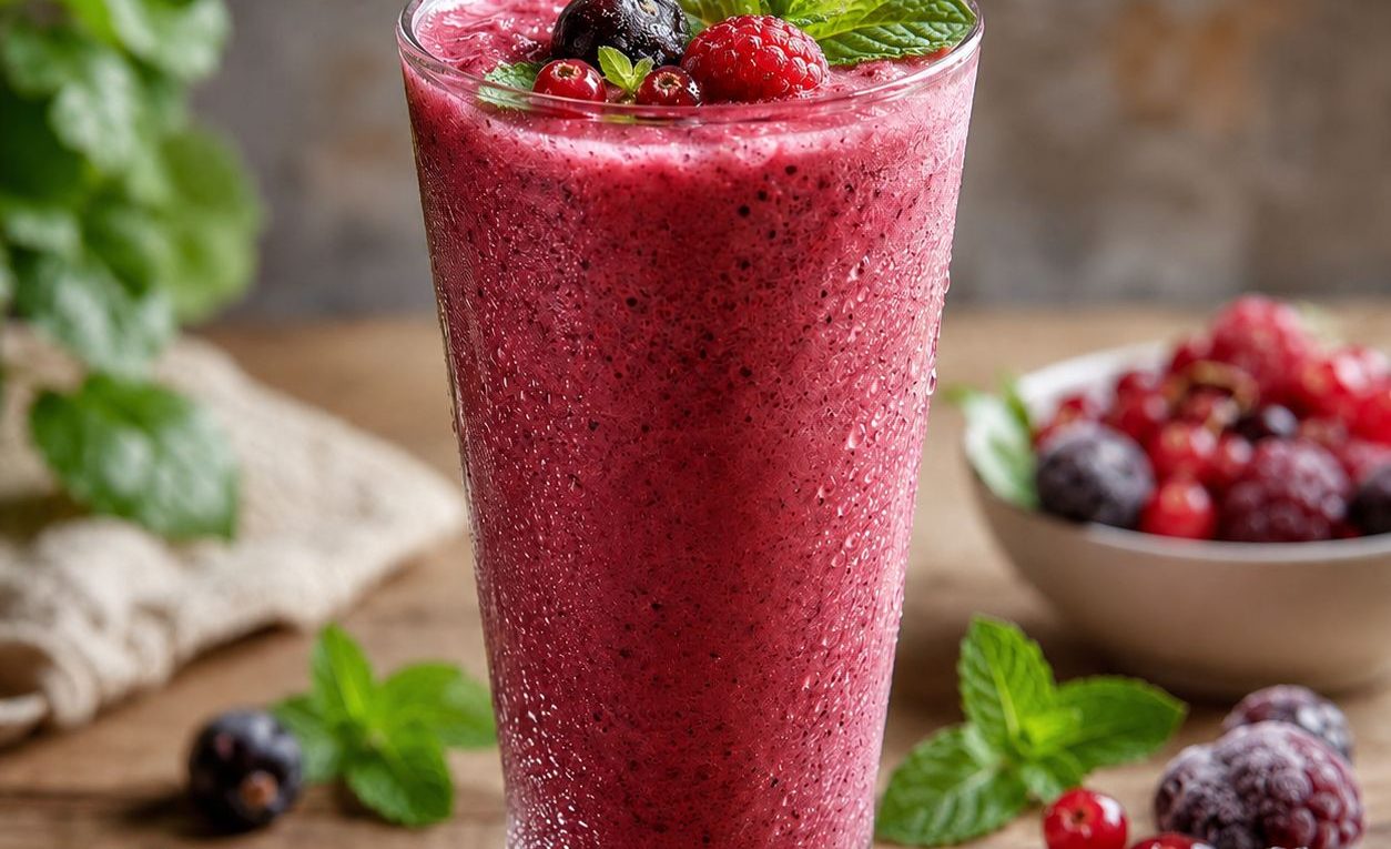 Verre de Frisson rouge coco aux fruits rouges, lait de coco et menthe fraîche