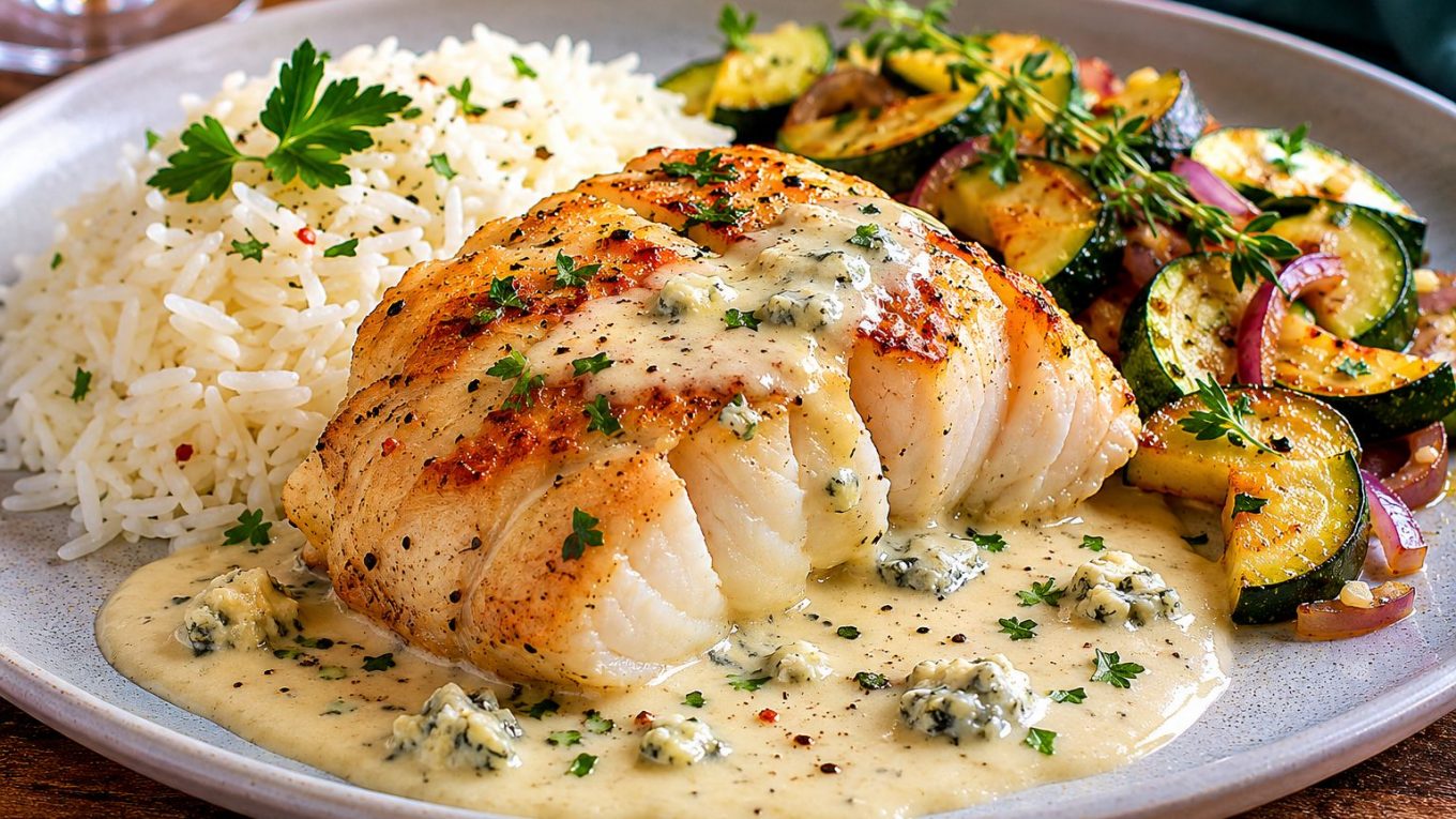 Queue de lotte rôtie accompagnée de riz jasmin, courgettes sautées et sauce crémeuse au roquefort dans une assiette rustique.