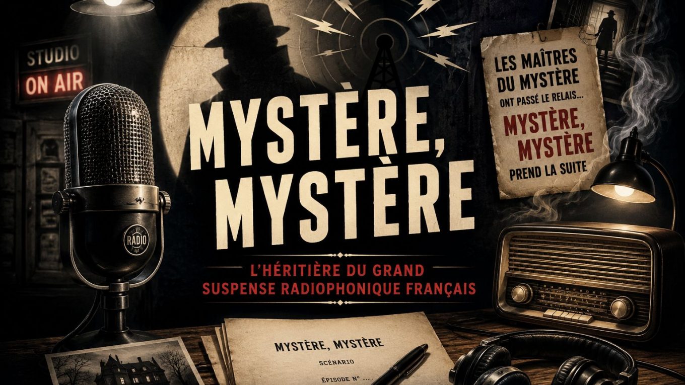 Illustration vintage et sombre pour l’article sur Mystère, mystère, avec micro ancien, poste radio, silhouette mystérieuse et ambiance de suspense radiophonique.