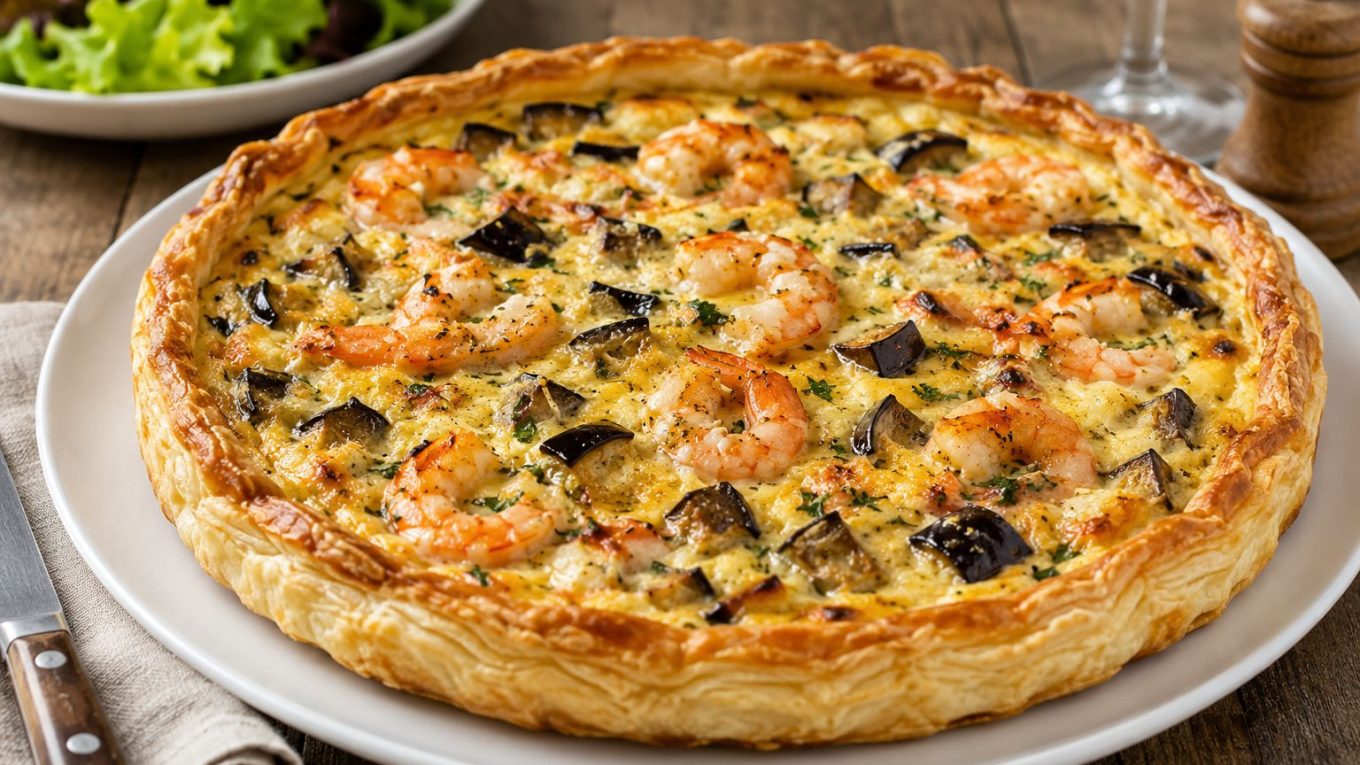 Quiche feuilletée aux aubergines et gambas, dorée au four et servie sur une assiette blanche.