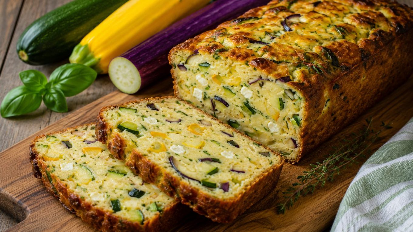Cake salé aux courgettes vertes, jaunes et japonaises, Böreklik, mozzarella et flocons d’avoine, découpé en tranches