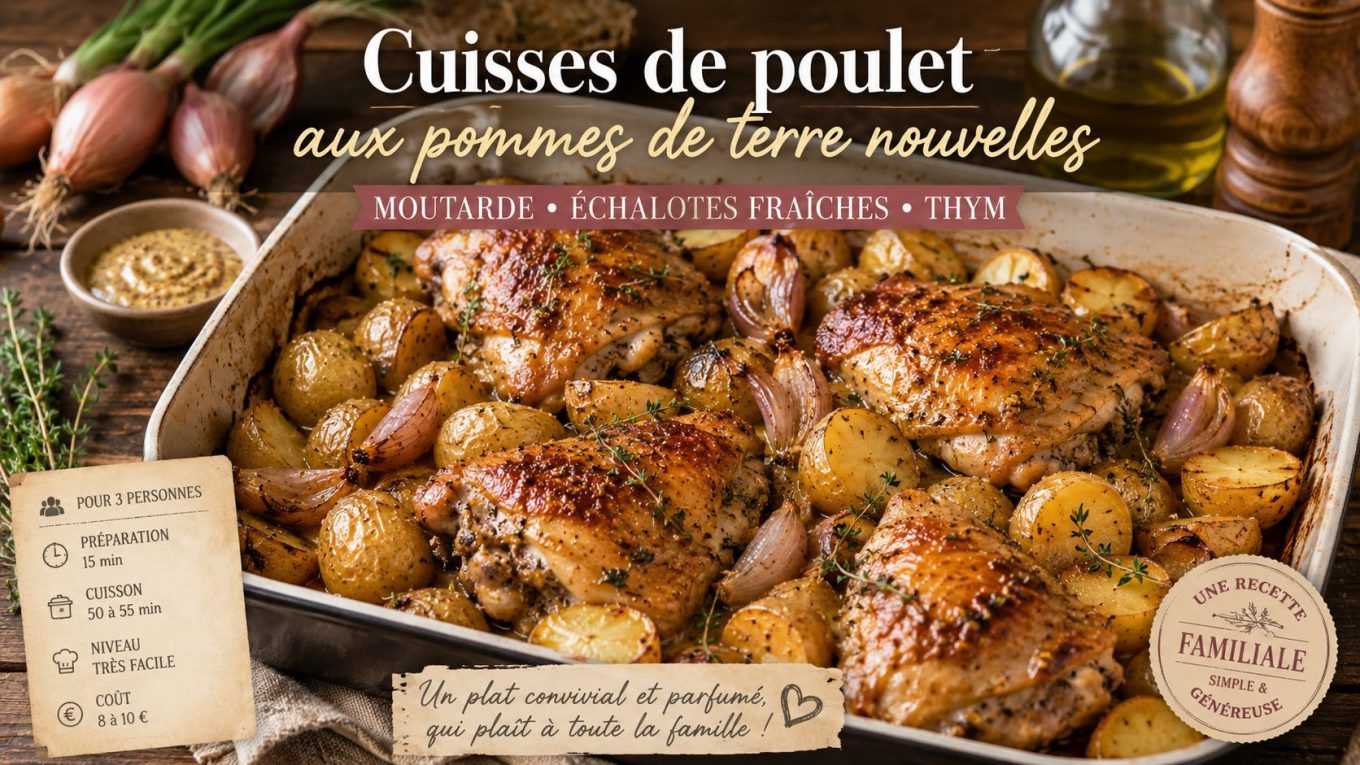 Cuisses de poulet rôties aux pommes de terre nouvelles, échalotes fraîches et thym