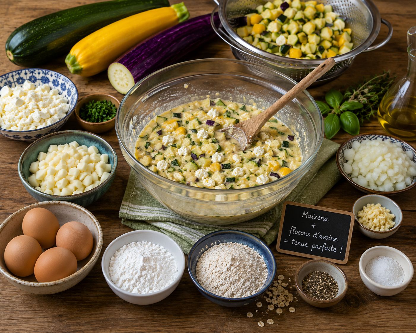 Cake salé aux courgettes vertes, jaunes et japonaises, Böreklik, mozzarella et flocons d’avoine