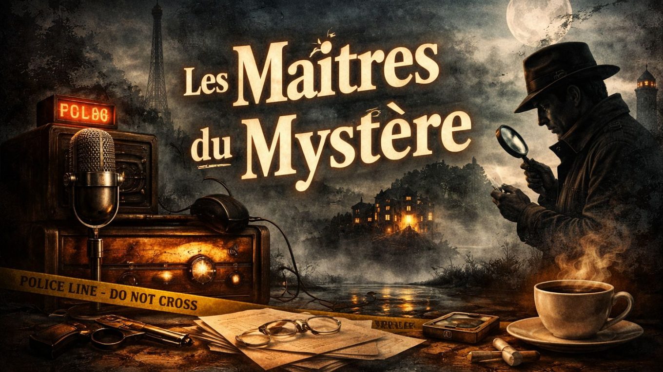 Illustration vintage et sombre pour Les Maîtres du mystère, avec micro ancien, poste radio, détective en chapeau, pleine lune et ambiance de suspense radiophonique.