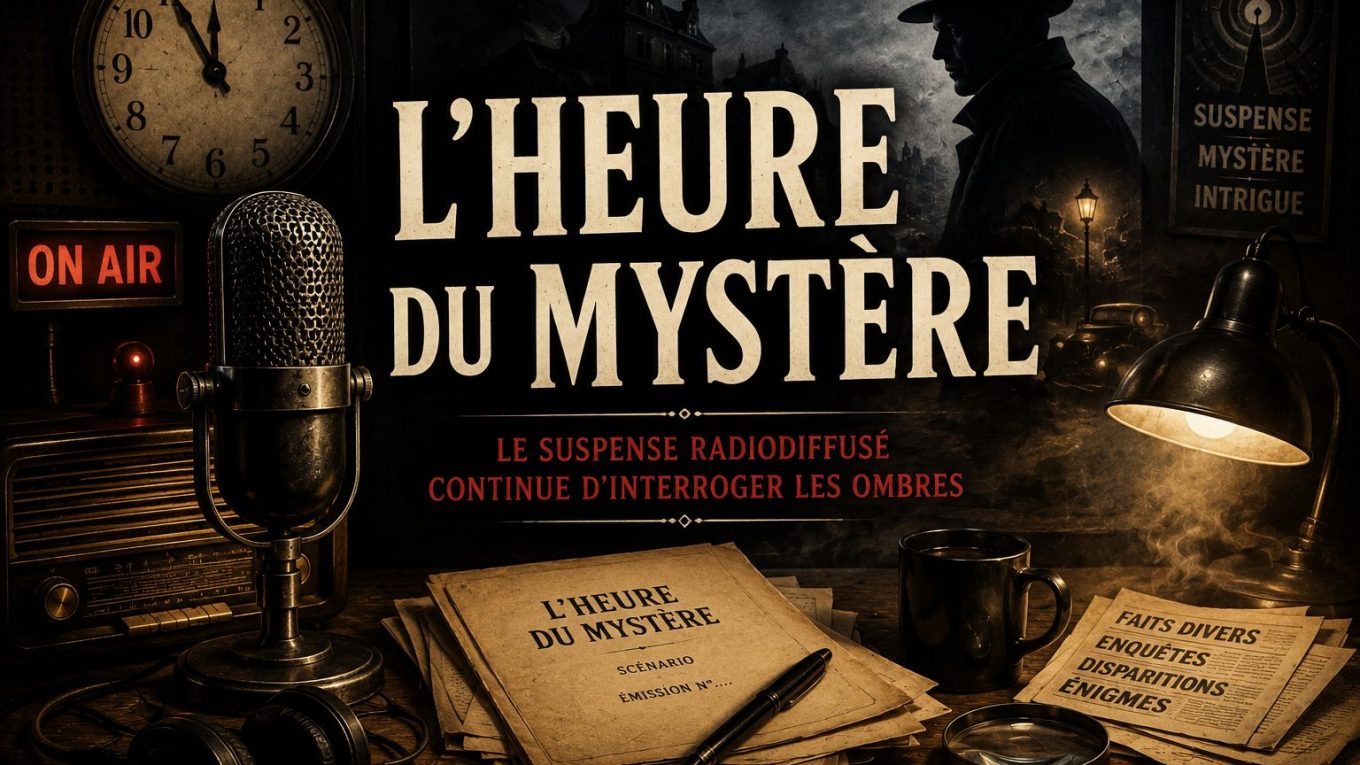 Illustration vintage et sombre pour L’Heure du mystère, avec micro ancien, poste radio, horloge, silhouette d’enquêteur et ambiance de suspense radiophonique.