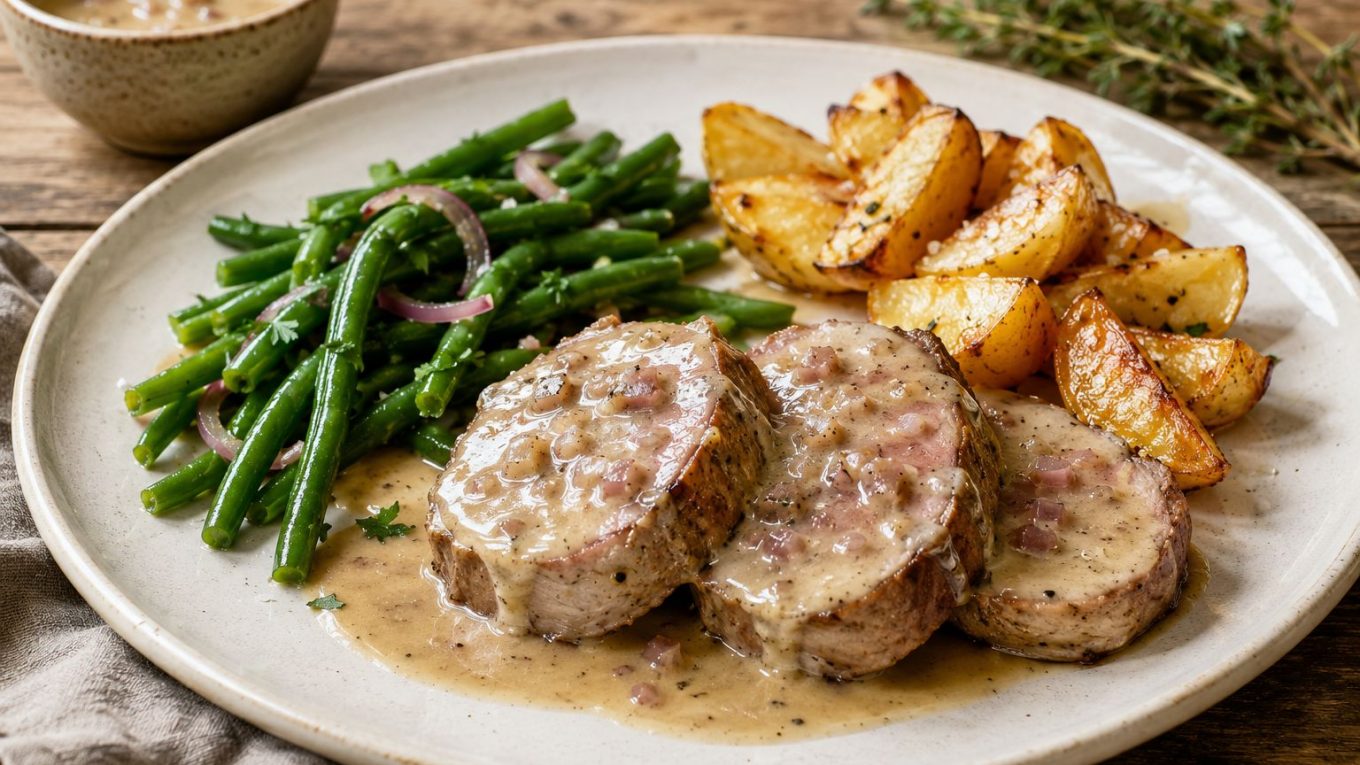 Filet mignon de porc au Calvados avec haricots verts et pommes de terre rissolées