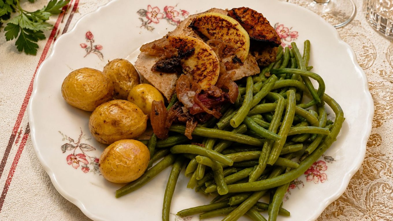Foie de lotte poêlé aux pommes et Calvados avec grenailles et haricots verts